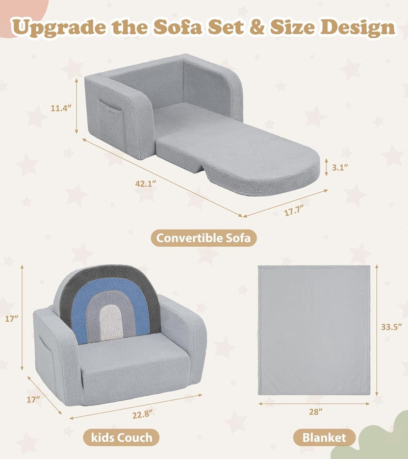 Foryoomi Kids Couch, 2-in-1 Soft Toddler Couch Fold Out with Blanket, Comfy Toddler Chair, Convertible Sofa, Gifts for Kids Girl Boys, Medium Blue Rainbow - Image 3